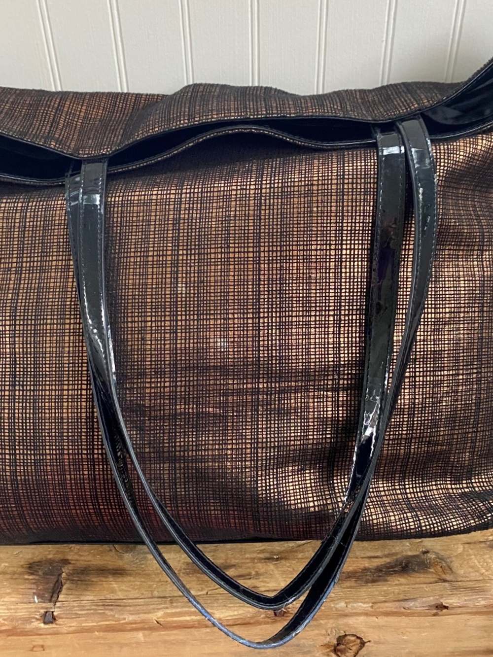 Metallic Tote. Gold and Black Fabric Purse with Straps. Saks.